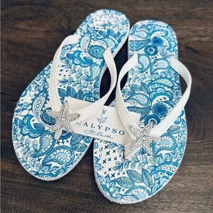 Calypso St. Barth Silver Crystal Starfish White Flip Flops Sandals